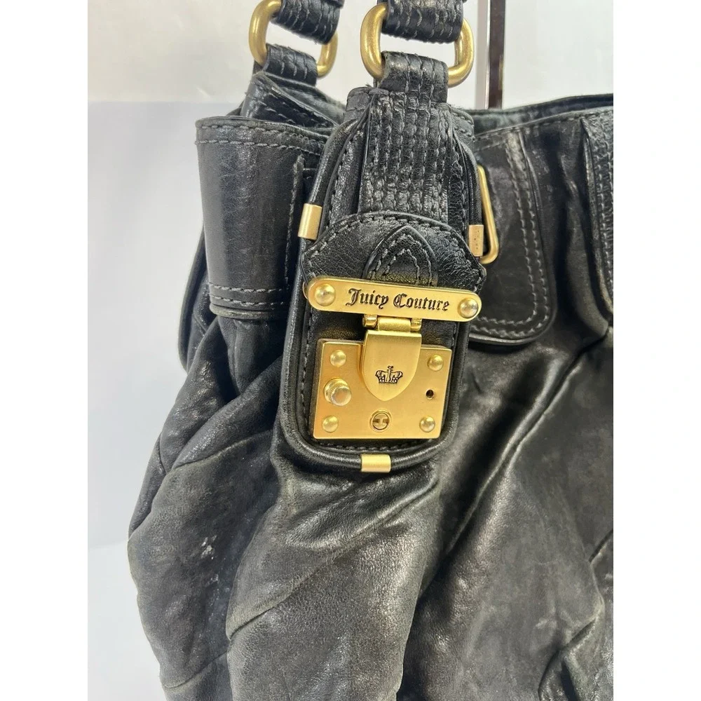 Juicy Couture Vintage Y2K Black Leather Handbag Hobo Purse Gold Hardware Pink